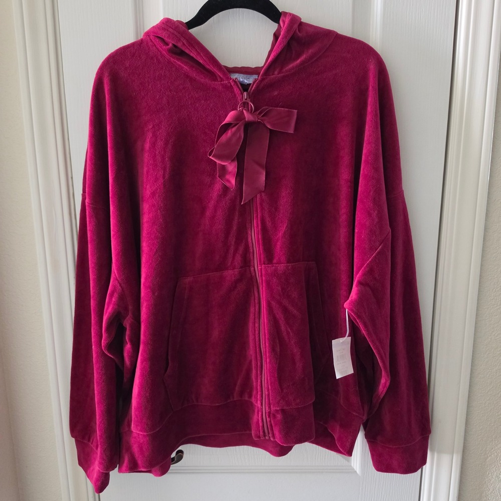 Florence by Mills Pink Velour Zip Up Hoodie Bow Detail Large
